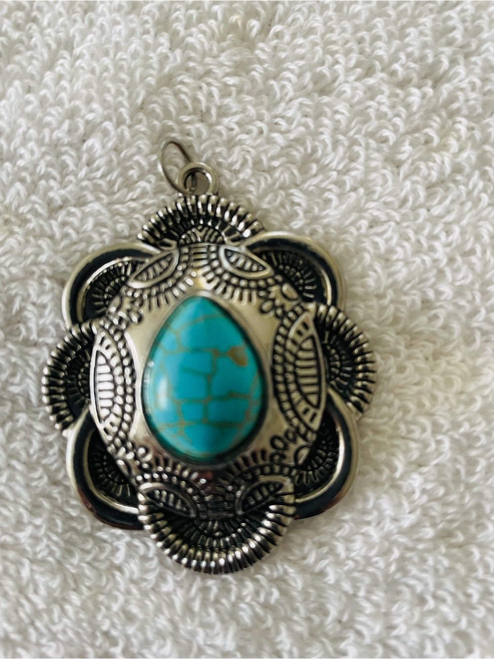 Turquoise Teardrop Filigree Pendant Necklace - Silver Tone